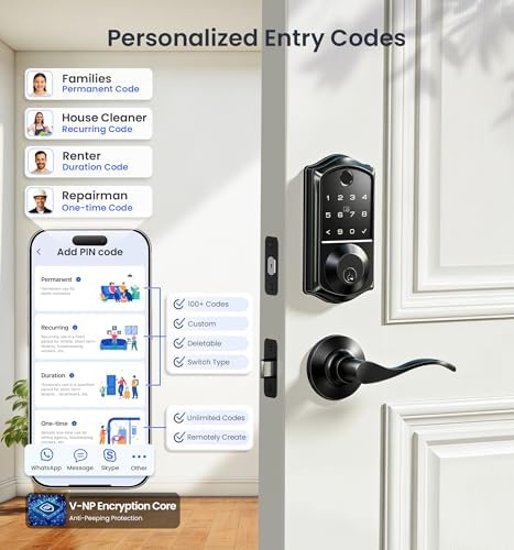 Veise VE017-L Fingerprint Smart Lock with 2 Lever Handle Set, Matte Black | App Control, Remote Access Sharing, Key Fob, Auto Lock, Backlit Touchscreen Keypad Deadbolt, IP55 Waterproof, for Front Door