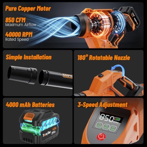 Cordless Leaf Blower, Rotatable Design, 850CFM Airflow