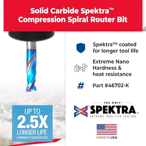 Amana Tool Spektra Extreme Tool Life Solid Carbide CNC Compression Spiral Router Bit, 46702-K, 3/8 D x 7/8 CH x 3/8 Shank x 3 Inch Long 2 Flute