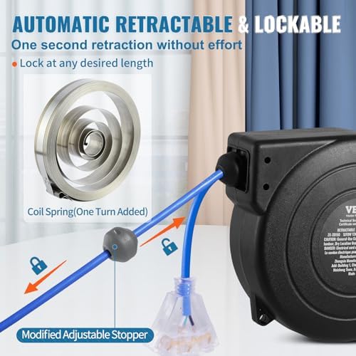 VEVOR 45FT Retractable Extension Cord Reel, 12AWG/3C SJTOW Heavy Duty Power Cord w/Lighted Electrical Triple Tap Outlets, 15A Circuit Breaker, 180° Swivel Bracket for Workshop or Garage, Blue