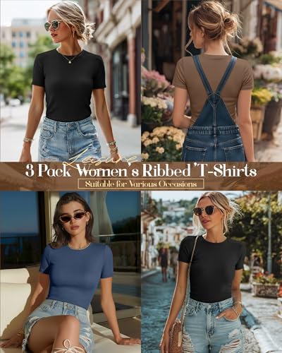 Ficerd 3 Pack Women's Ribbed Short Sleeve T-Shirts