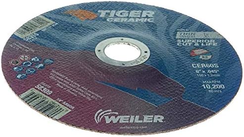 Weiler 58309 6 Inch Cutting Wheel, Tiger Ceramic Stainless Steel Superior Life & Cut Contaminant Free Max Performance Cutting, .045" CER60S Type 27 7/8" Arbor, Pack of 25