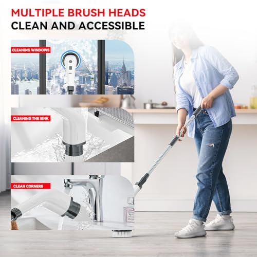 APLUSH Electric Spin Scrubber,Cordless Shower Cleaning Brush with 7 Replaceable Brush Heads, Adjustable 2 Speeds Extension Handle Power Cleaning Brush for Tub Tile Floor Car,Black