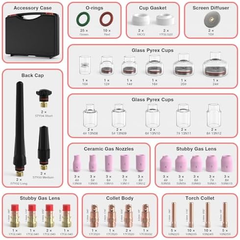 YESWELDER 123 Pcs TIG Welding Torch Stubby Gas Lens Glass Cup Kit