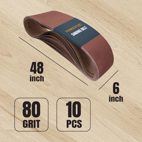 POWERTEC 6 x 48 Inch Sanding Belts, 10PK, 80 Grit Aluminum Oxide Belt Sander Sanding Belt for Bench Belt Sander, Wood & Paint Sanding, Metal Polishing (110530)