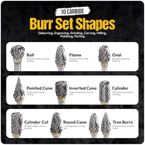 10Pcs Tungsten Carbide Burr Set 6.35mm - 1/4" Shank Double Cut Die Grinder Bits Cutting Burrs - Metal, Steel - Rotary Tools Rasp Accessories - Deburring, Engraving, Grinding, Carving, Porting