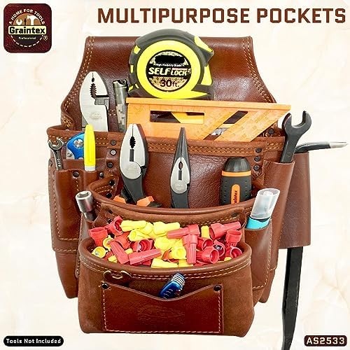 Graintex Ambassador Series 10 Pocket Framers Professional Nail & Tool Pouch Durable and Versatile Genuine Top Grain Leather for Framers, Constructors, Electricians, Plumbers, Handyman