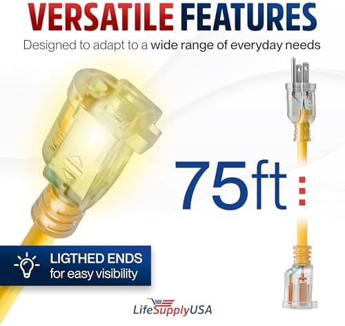 75ft Outdoor/Indoor Extension Cord 10/3 Gauge Ultra Heavy Duty 3 Prong SJTW, Waterproof, Flexible Cold-Resistant Long Power Cord,15A 125V 1875W, Yellow by LifeSupplyUSA