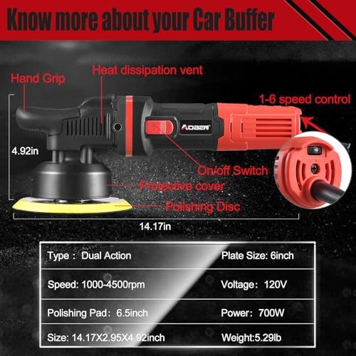 AOBEN Car Buffer Polisher,6 inch Dual Action Polisher,Random Buffer Polisher kit with 6 Variable Speed 1000-4500rpm,Detachable Handle,4 Buffing Pads for Car detailing Polishing and Waxing (Pack of 2)
