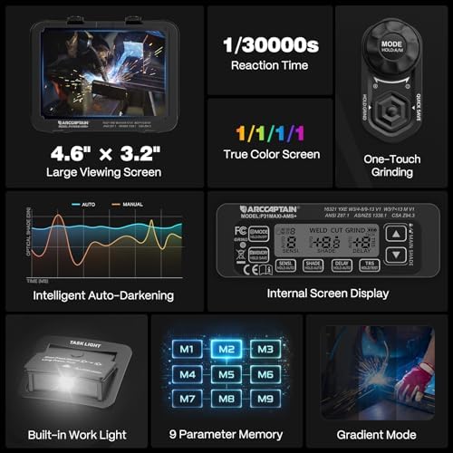 ARCCAPTAIN Intelligent Auto-Darkening Welding Helmet, 4.6" x 3.2" Screen