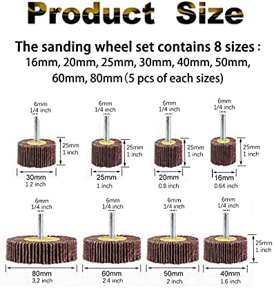Rocaris 40 Pack 1/4" Abrasive Flap Wheel Sander Set, 8 Sizes