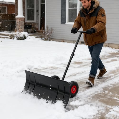 29" Wide Metal Snow Pusher, Push Snow Shovel with 15" Height & 2 Wheels, Adjustable Angle & Height Handle for Effortless Snow Clearing Driveway Sidewalk (Single Rod)