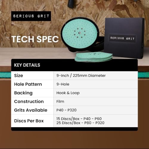 Serious Grit - 225mm (9-Inch) P180 Grit Drywall Sanding Discs - 25 Pack Box