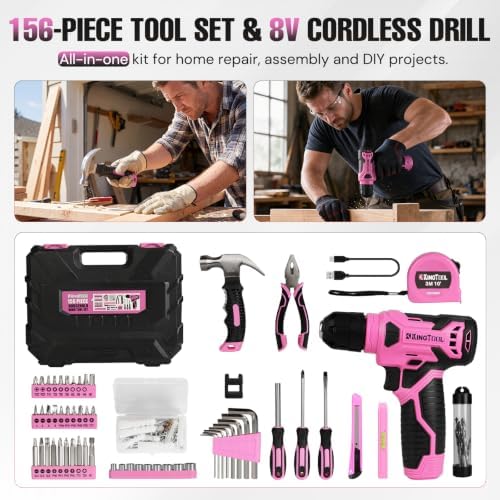 KingTool 156-Piece Pink Tool Kit, 8V Cordless Drill for Home Repairs & DIY