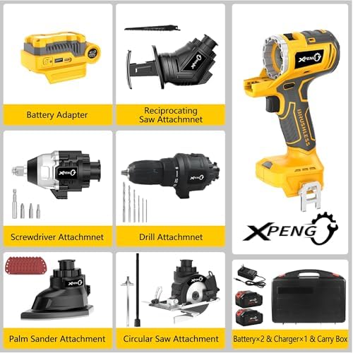 XPENG Cordless Power Tool Combo Kits 18V 6-Tool Drill Set,Circular Saw, Palm Sander, Impact Driver, Reciprocating Saw, Battery Compatible with Makita 20V Battery 2×4.0Ah Batteries and Fast Charger