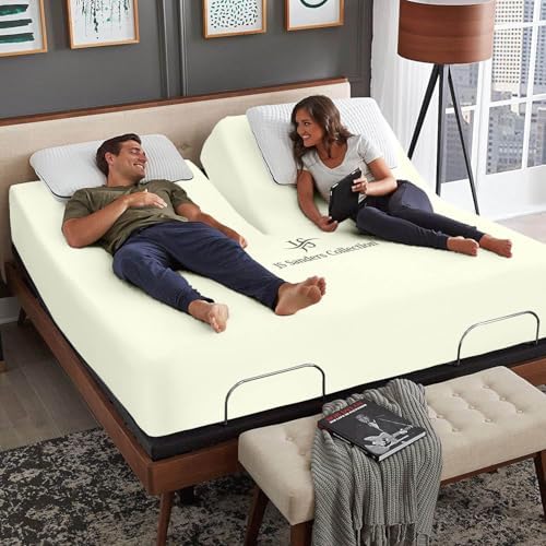 JS Sanders Collection 600TC Flex Top Queen Sheets for Sleep Number Bed - 100% Cotton 4 Pcs Top Split Queen Sheets for Adjustable Bed Queen 36 Inch Down Ivory -18 Inch Deep