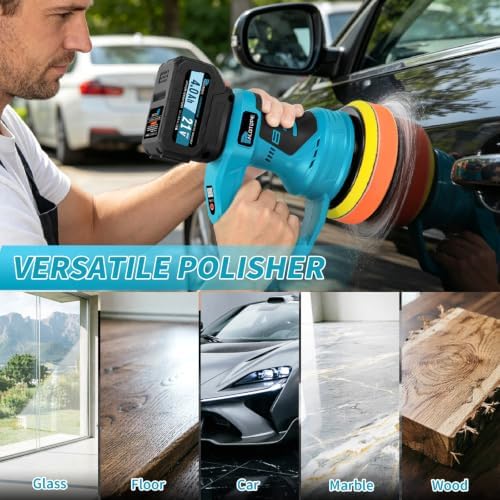 6”Cordless Buffer Polisher Kit,6000RPM High Power Car Polisher with 2 x 4.0Ah Batteries,16PCS Polishing Accessories,Pulidora De Autos with 8 Variable Speed for Car Polishing/Waxing