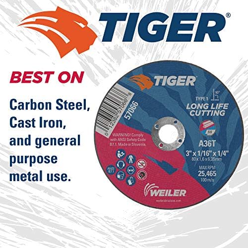 Weiler 57066 3-Inch Cutting Wheel, Tiger AO Steel/Metal Long Life, Performance Cutting, 1/16" A36T Type 1 1/4" Arbor (Pack of 100)