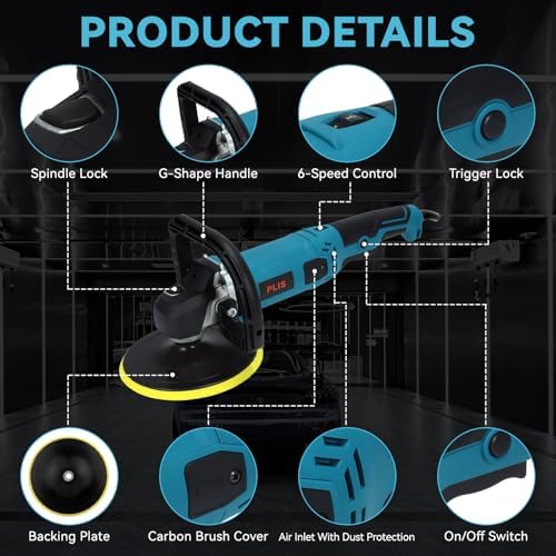 Buffer Polisher,Car Polisher Kit, 6 Inch/7 Inch 1300W 6 Variable Speed 600-3000 RPM, for Car Polishing, Buffing, Waxing