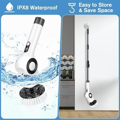 Electric Spin Scrubber, Electric Cleaning Brush, Multifunctional 360 Automatic Rotation Cordless Spin Scrubber with 7 Replaceable Brush Heads for Cleaning Bathroom Kitchen and Floor