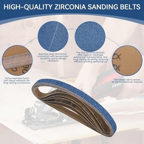 3/8x13 Inch Sanding Belts 36 Pcs 6 Grits Sizes (6 Each of 60/80/100/120/180/240 Grits) Heavy Duty Belt Sander Zirconia Belt Sander Paper for Wood, Metal, Stainless Steel, Cars, and Furniture