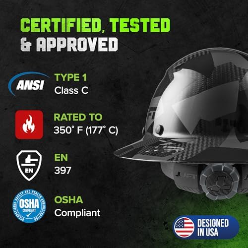 LIFT SAFETY Dax Carbon Fiber Full Brim Hard Hat | Safety/Construction Helmet w/ 6 Point Suspension for Comfort & Impact Protection