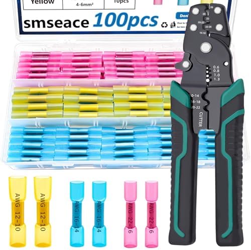 smseace 100PCS Heat Shrink Butt Connector with Crimping Tool 22-10AWG Waterproof Electrical Wire Crimp Connectors for Automotive Boat Stereo Industrial Equipment