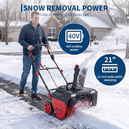 Garvee 40V Cordless Snow Blower, 21-Inch, 2x5.0Ah Battery & Charger, LED