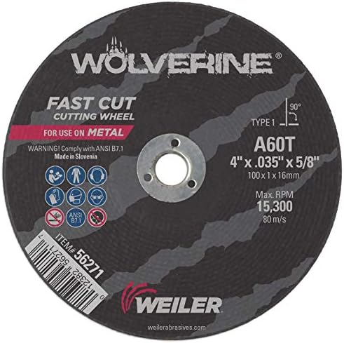 Weiler 56271 4 Inch Cutting Wheel, Wolverine AO Steel/Metal Fast Cutting, .035" A60T Type 1 5/8" Arbor, Pack of 25