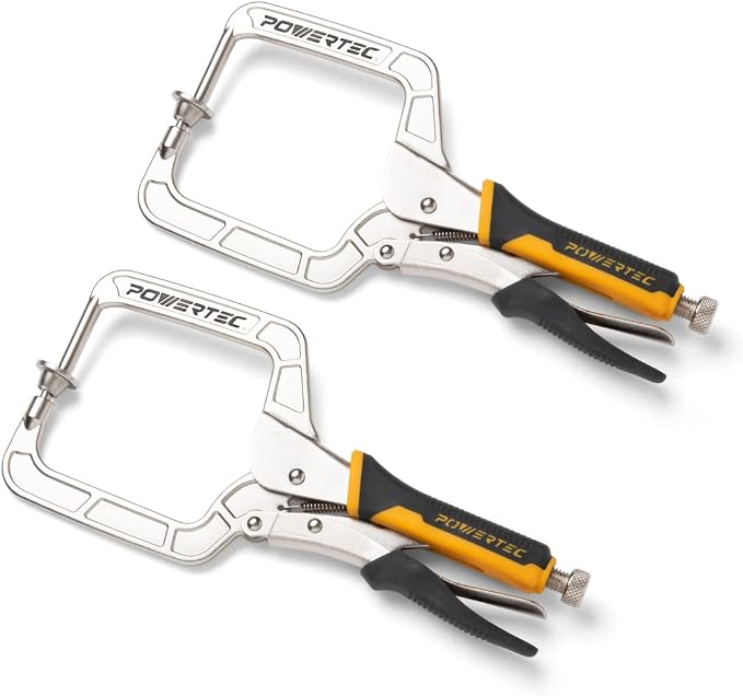 POWERTEC Pocket Hole Clamp, Quick Release 12” Right Angle Clamp for Pocket Hole Joinery, Vise Grip Clamps w/Ergonomic Grip & Swivel Pad, Clamps for Woodworking, DIY, Drawer Making - 2PCs (71744)