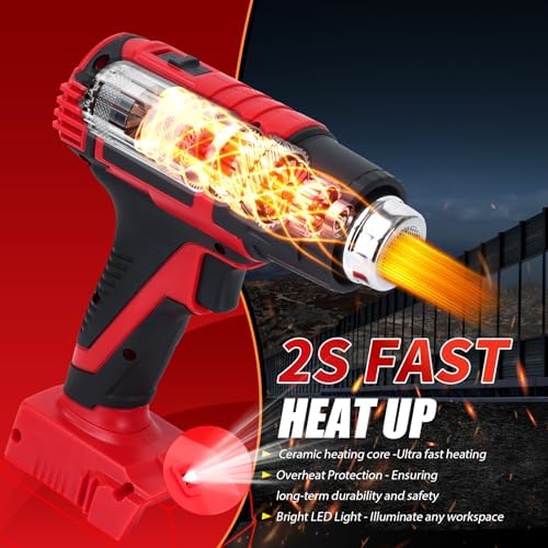 380W Cordless Heat Gun for Milwaukee M18 Battery Users – 572°F and 1022°F Dual Temp, Temp Lock, LED Light, 4 Nozzles, 4S Auto-Cool, Overheat Protection | Shrink Tubing, Vinyl Wrap, Electrical Work