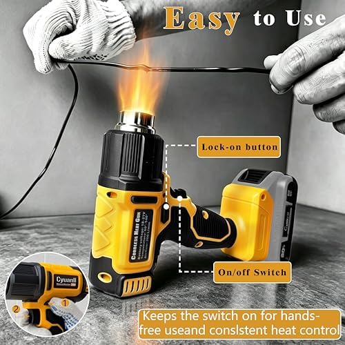 Cordless Heat Gun for Dewalt 20V Battery, 350W Fast Heating Hot Air Gun, LCD Display 2 Temp 120℉-1110℉, 3 Nozzles Portable Gun for Shrink Tubing, Paint Removal, Soldering DIY, Tool Only