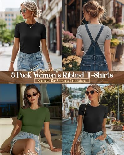 Ficerd 3 Pack Women's Ribbed Short Sleeve T-Shirts