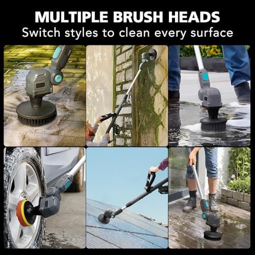 20V Cordless Spin Scrubber with Replaceable Battery, Electric Cleaning Brush with Long Handle & 8 Brush Heads for Outdoor, Bathroom, Tile, Grout, Shower, Bathtub