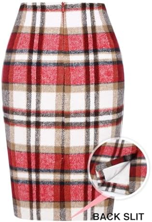 IDEALSANXUN Plaid Skirts for Women Fall Winter Knee Length Pencil Wool Skirt with Slit