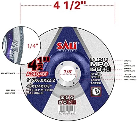 SALI 10 Pack 4-1/2 Inch Grinding Wheels for General Purpose Metal & Stainless Steel, Aluminum Oxide Grinding Disc for Angle Grinder, Depressed Center 4.5" * 1/4" * 7/8"(115 * 6.0 * 22.2 mm)