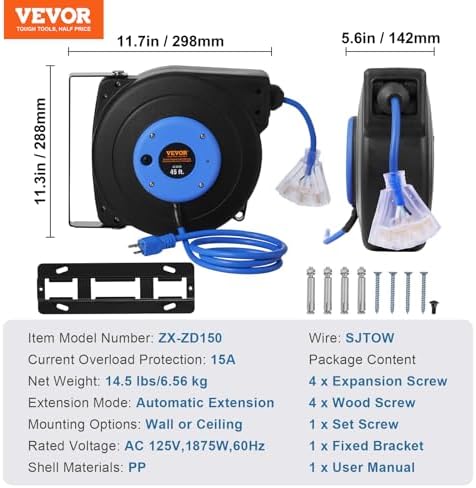 VEVOR 45FT Retractable Extension Cord Reel, 12AWG/3C SJTOW Heavy Duty Power Cord w/Lighted Electrical Triple Tap Outlets, 15A Circuit Breaker, 180° Swivel Bracket for Workshop or Garage, Blue