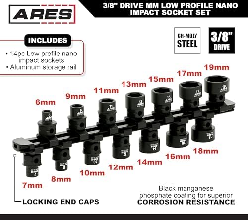 ARES 29018 14-Pc 3/8in Metric Nano Sockets, Low Profile, w/Rail | Impact grade sockets offer greater clearance than typical shallow sockets