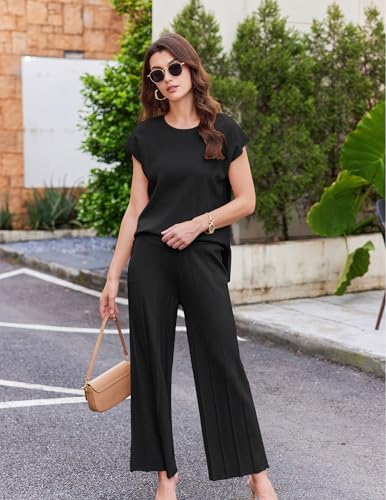 Ekouaer Lounge Sets for Women Two Piece Outfits Knit Cap Sleeve Tops Wide Leg Pleated Pants Casual Dressy Sweater Sets