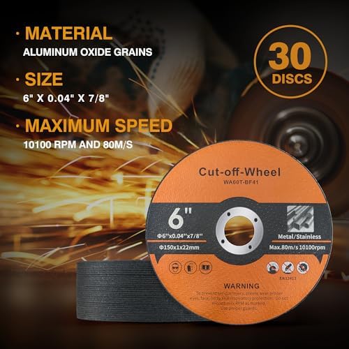 30 Pack 6 inch Cut-Off Wheels for Metal and Stainless Steel and PVC Tube 6" x.040 x7/8" Cutting Wheel for Angle Grinder Aggressive Cutting disc for General Purpose Metal Cutting