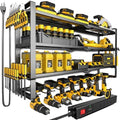 MOOMSINE Large Power Tool Organizer Wall Mount with Charging Station for Garage, 400lbs Metal Storage Rack with 8 Cordless Drill Holder, 4 Tier Heavy Duty Battery Tool Shelf with 5 Outlet Power Strip