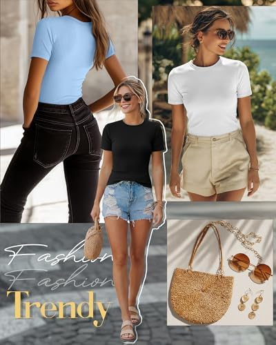 Ficerd 3 Pack Women's Ribbed Short Sleeve T-Shirts
