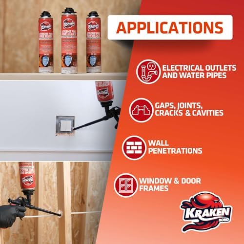 Kraken Bond Xtreme Pro Fire Block Expanding Foam Sealant (2x24oz), Professional Polyurethane Insulating Foam with Fire Block Technology, High Heat Resistant and Waterproof, Gun Not Included – 2 Pack
