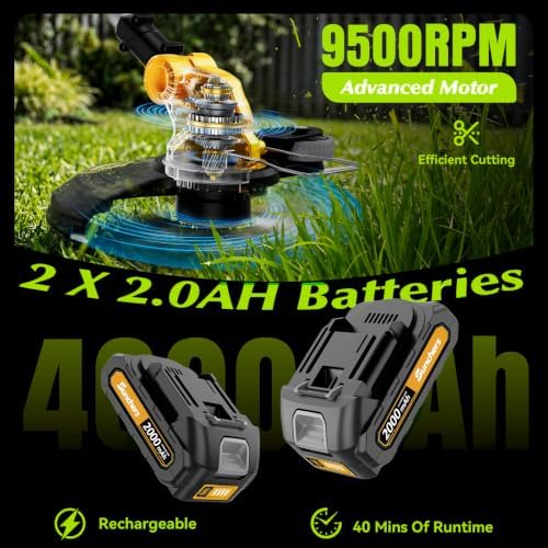 20V Electric Weed Wacker Edger Lawn Tool, Battery Powered Weed Eater 12-Inch Cordless String Trimmer Grass Trimmer Lightweight Yard Tools for Garden, Lawn Mower Cutter with 2 2.0Ah Battery and Charger
