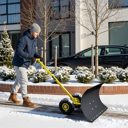 VINGLI Snow Pusher Shovel with Wheels, 29" Adjustable Ergonomic T-Handle Snow Plow for Driveway, Heavy Duty Wheeled Rolling Shovels for Snow Removal, Angle Adjustable (Black & Yellow)