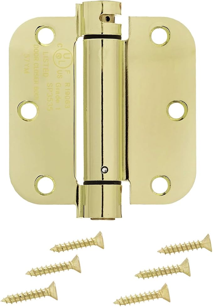 Amazon Basics Self-Closing Door Hinge, 3.5 Inch x 3.5 Inch, Polished Brass, 1-Piece, Hardware Included (Pack of 2)