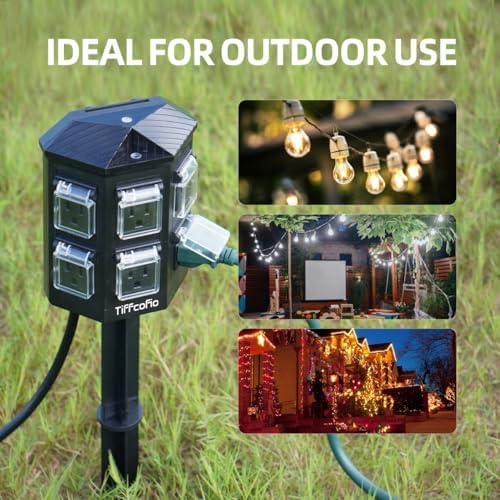 TiFFCOFiO Outdoor Power Strip with Stake, 30 FT Extension Cord Waterproof, 6 Grounded Outlets for Outdoor Lights, 14 AWG, 15A/1875W, ETL Listed