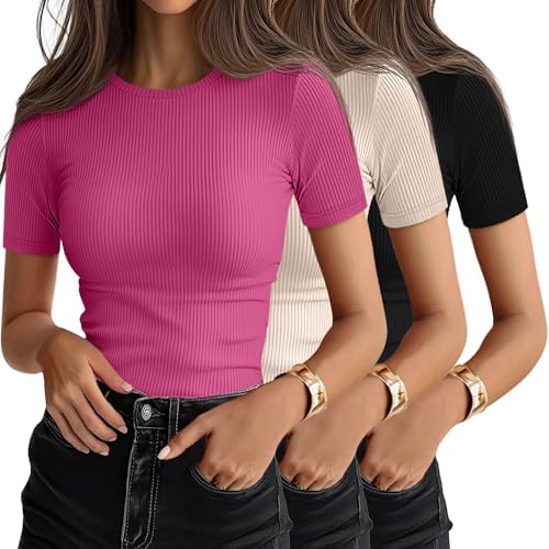 Ficerd 3 Pack Women's Ribbed Short Sleeve T-Shirts