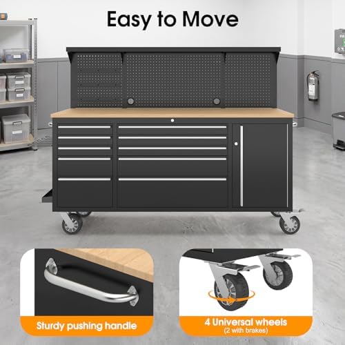 72" Rolling Tool Chest, 10 Drawers Garage Workbench Storage Tool Cabinet with Power Strip, Solid Rubber Wood Top, Pegboard, Light Strip, Mobile Workstation with Key Locking System