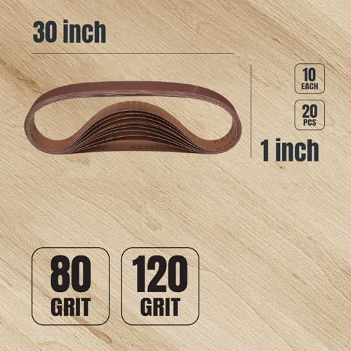 POWERTEC 1x30 Sanding Belts, 20PK, 10 Each of 80/120 Grits, 1 x 30 Inch Aluminum Oxide Sanding Belts for Belt Grinder, Belt and Disc Sander, Knife Sharpening, Woodworking (11127-5)